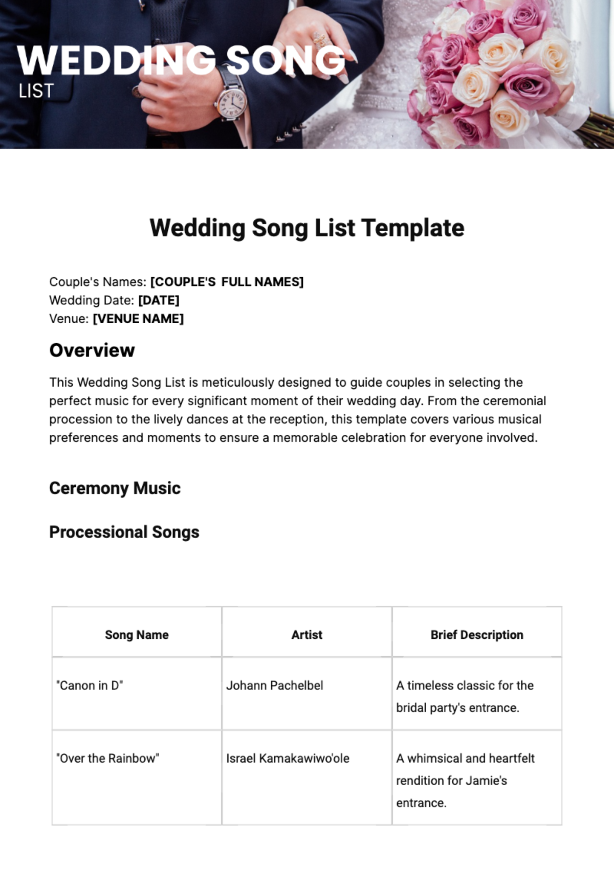 Free Wedding Song List  Template