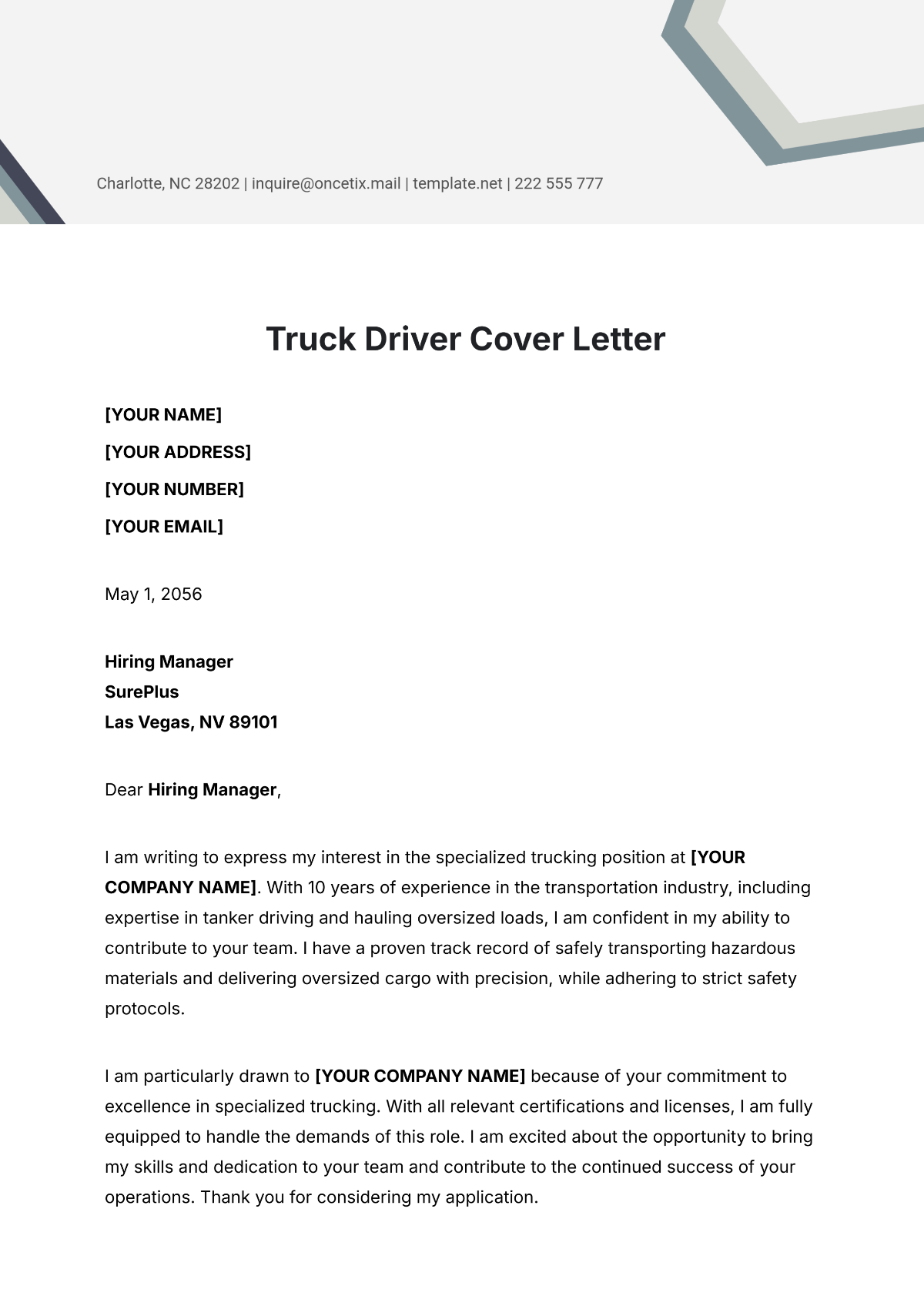 Truck Driver Cover Letter Template - Edit Online & Download