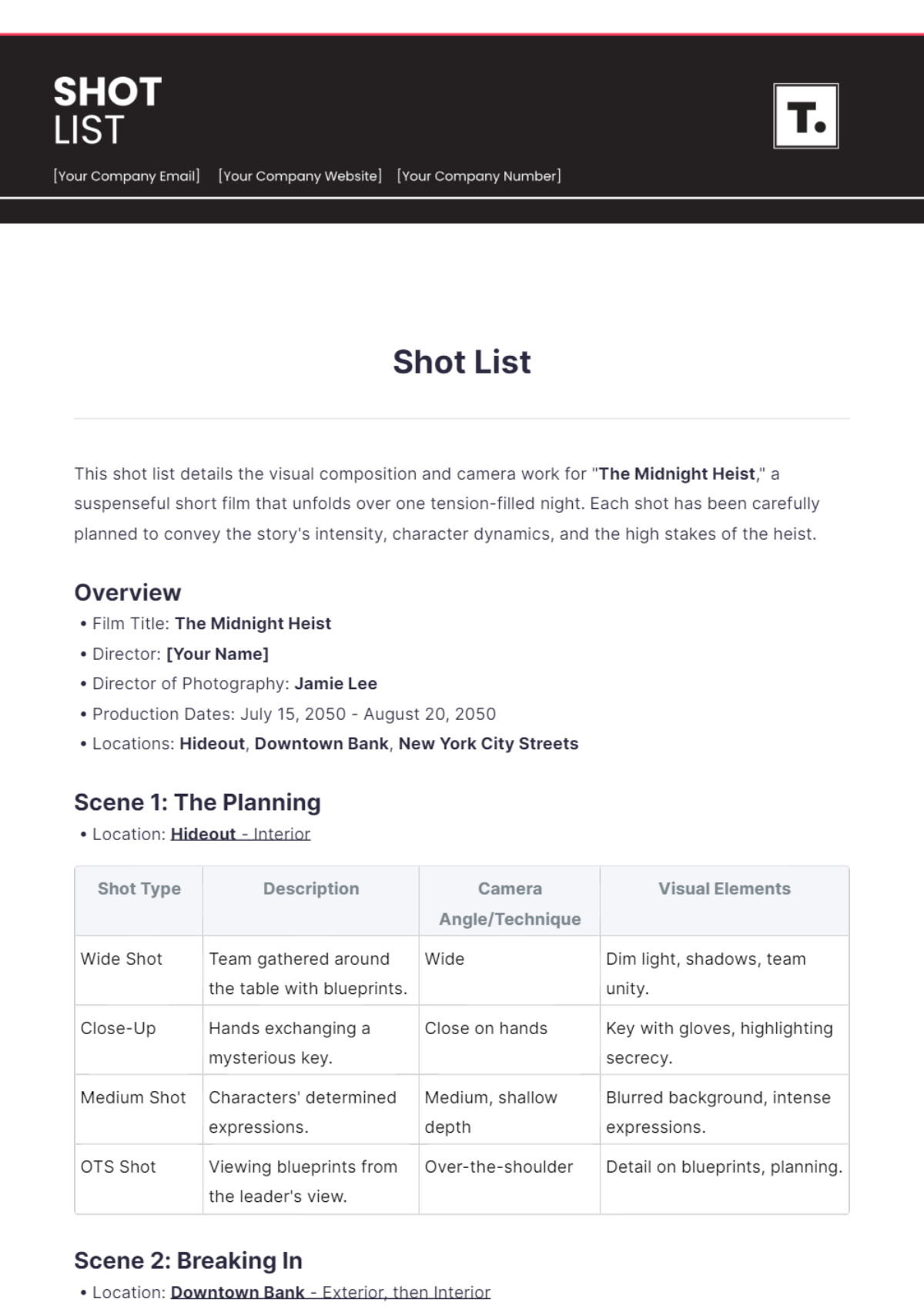 Shot List Template - Edit Online & Download