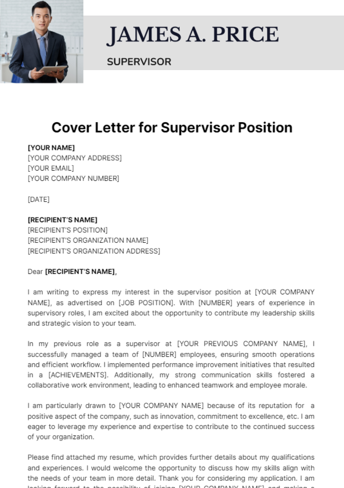 Cover Letter For Supervisor Position Template