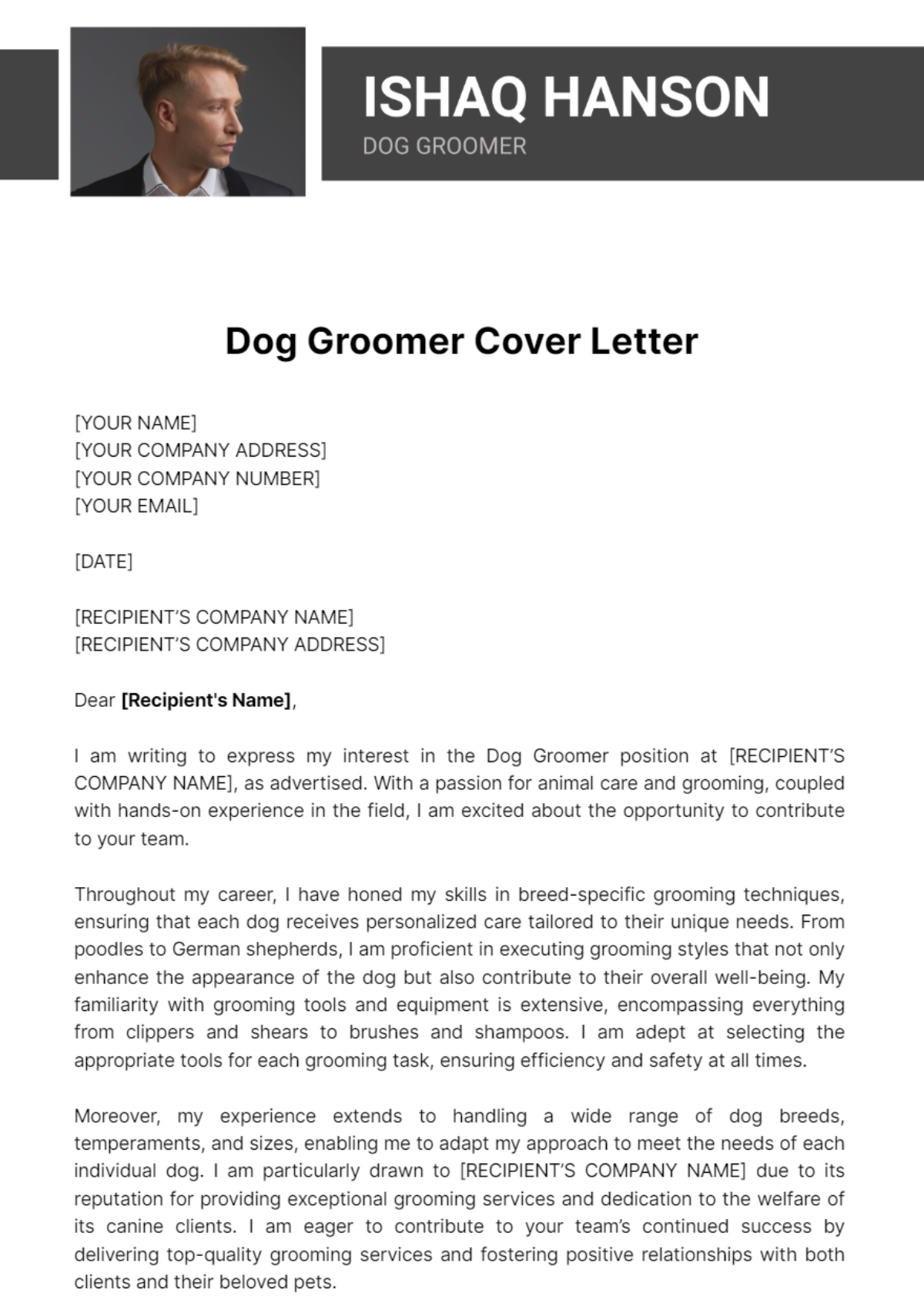 Dog Groomer Cover Letter Template