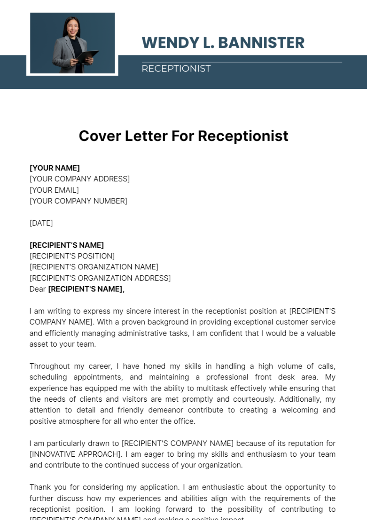 Cover Letter For Receptionist Template
