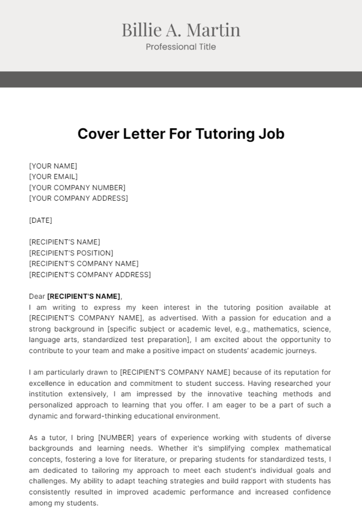 Cover Letter For Tutoring Job Template