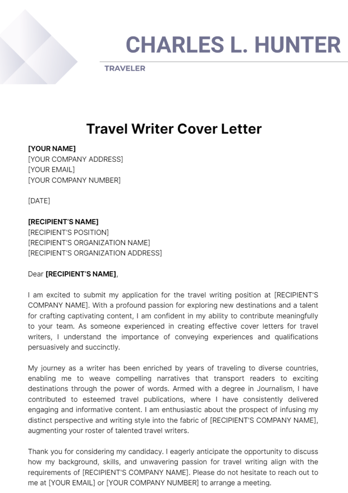Travel Writer Cover Letter Template