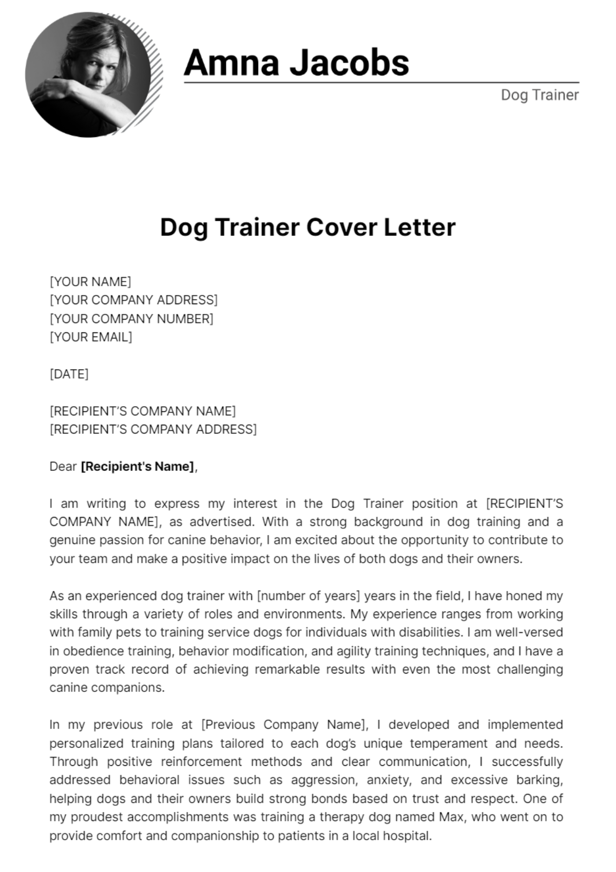 Free Dog Trainer Cover Letter Template