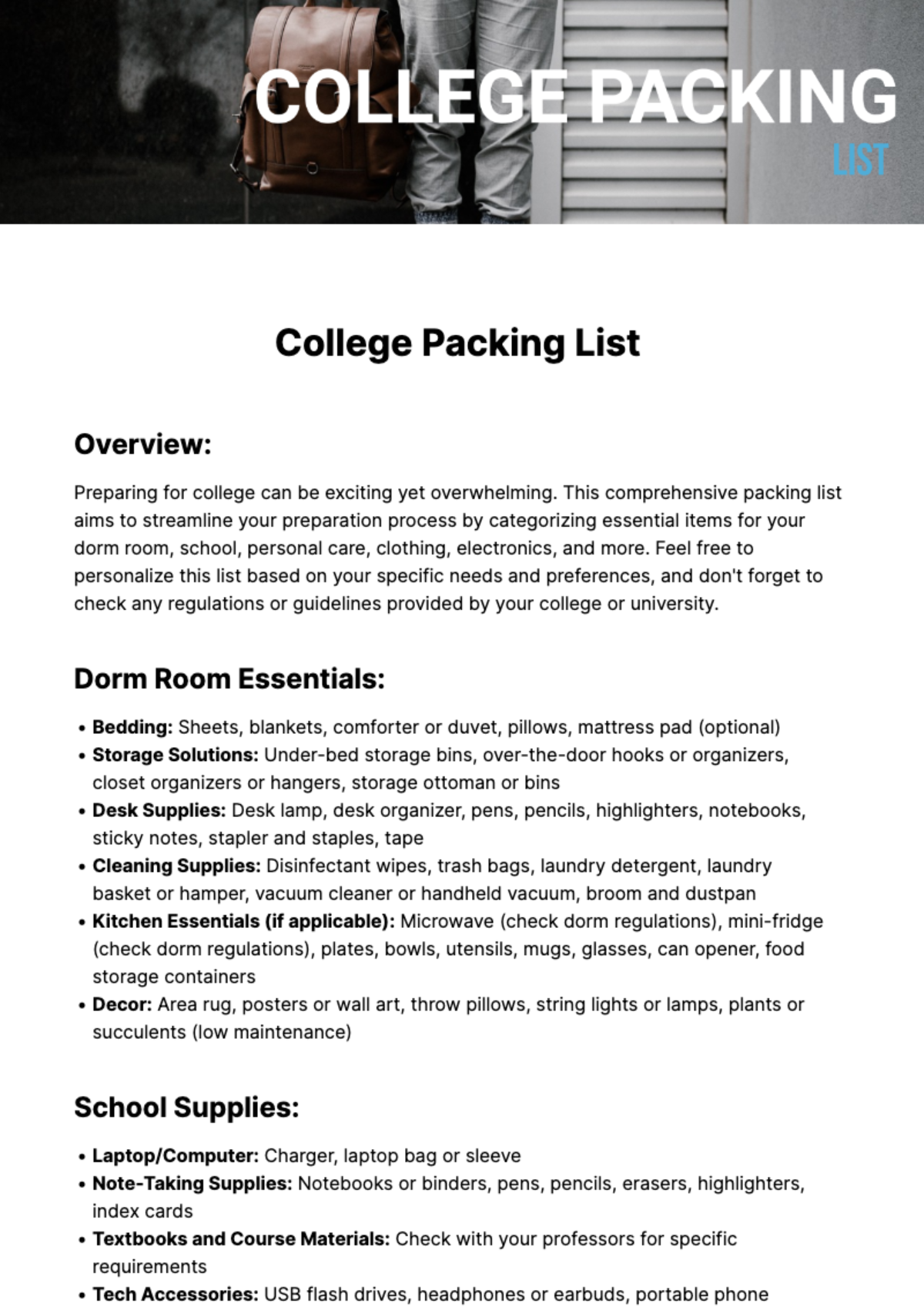 College Packing List Template