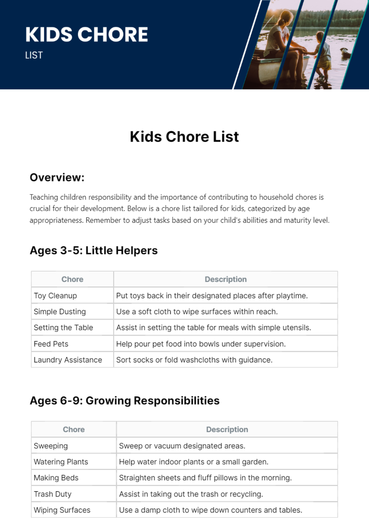 Free Kids Chore List Template