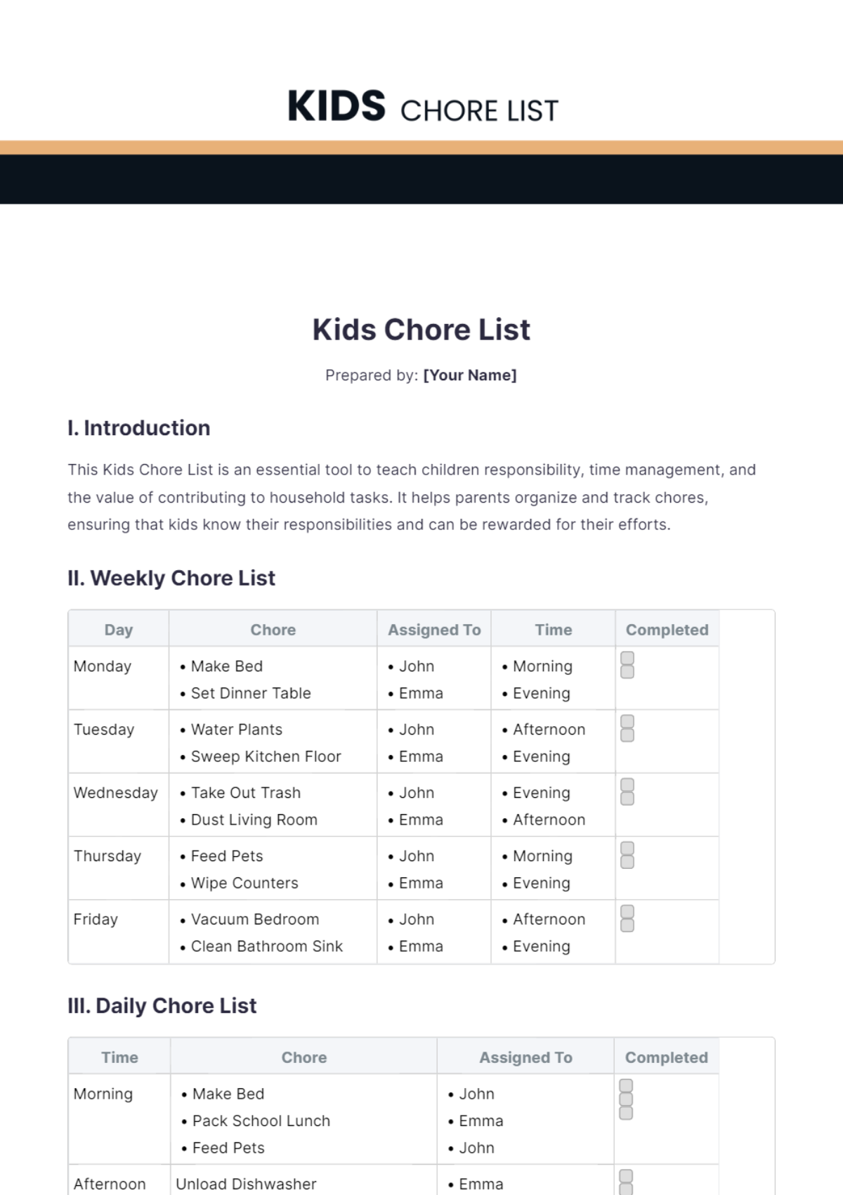 Kids Chore List Template