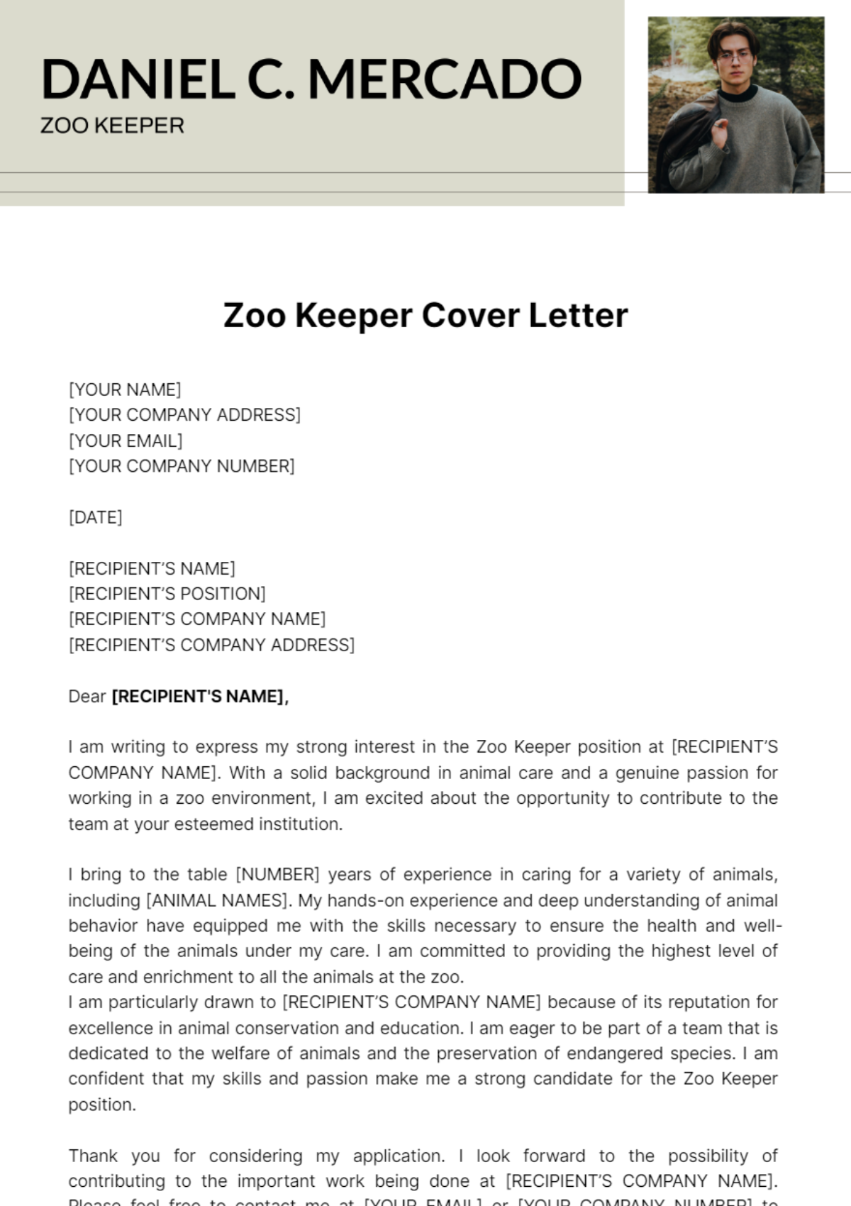 Zoo Keeper Cover Letter Template