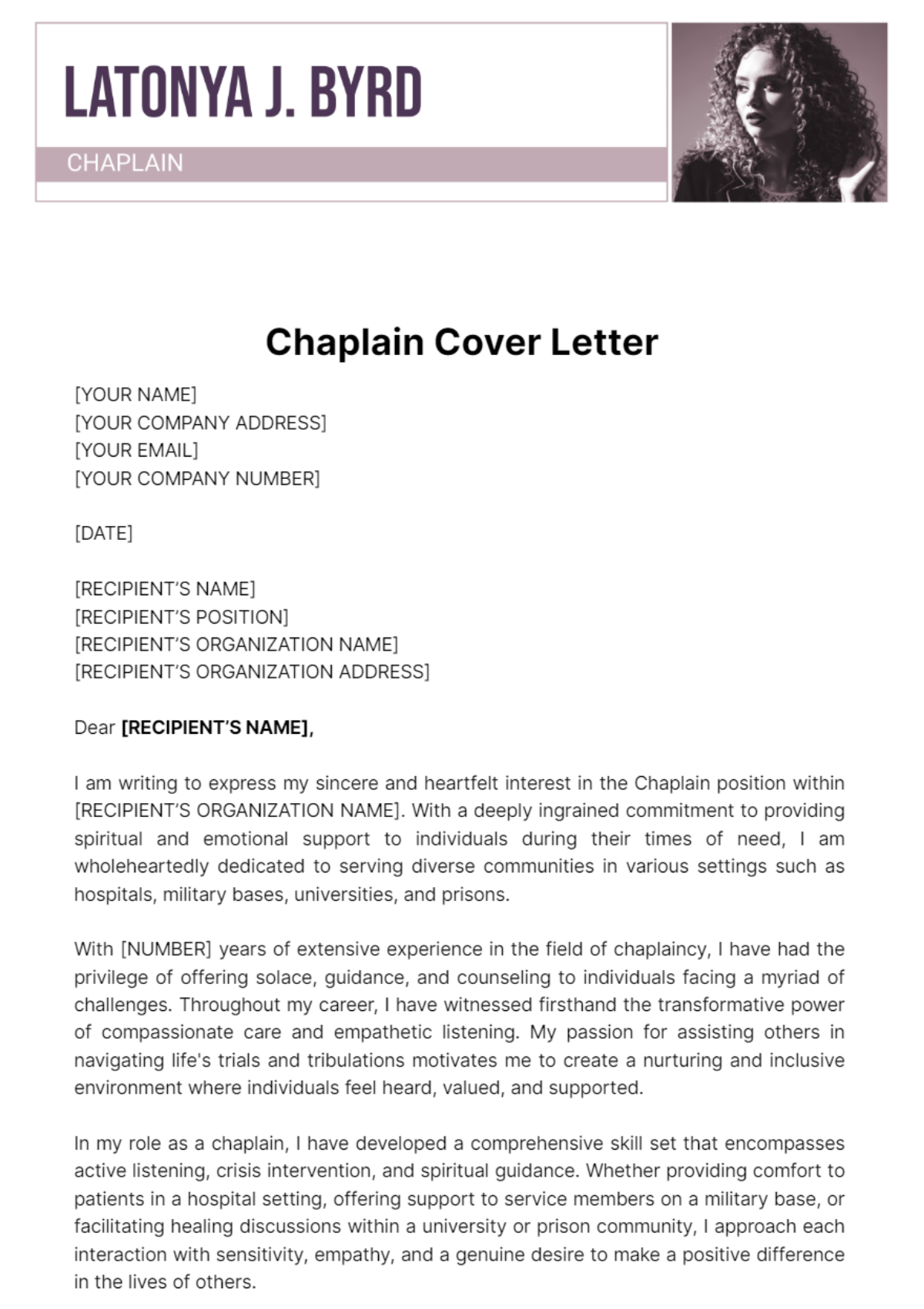 Chaplain Cover Letter Template