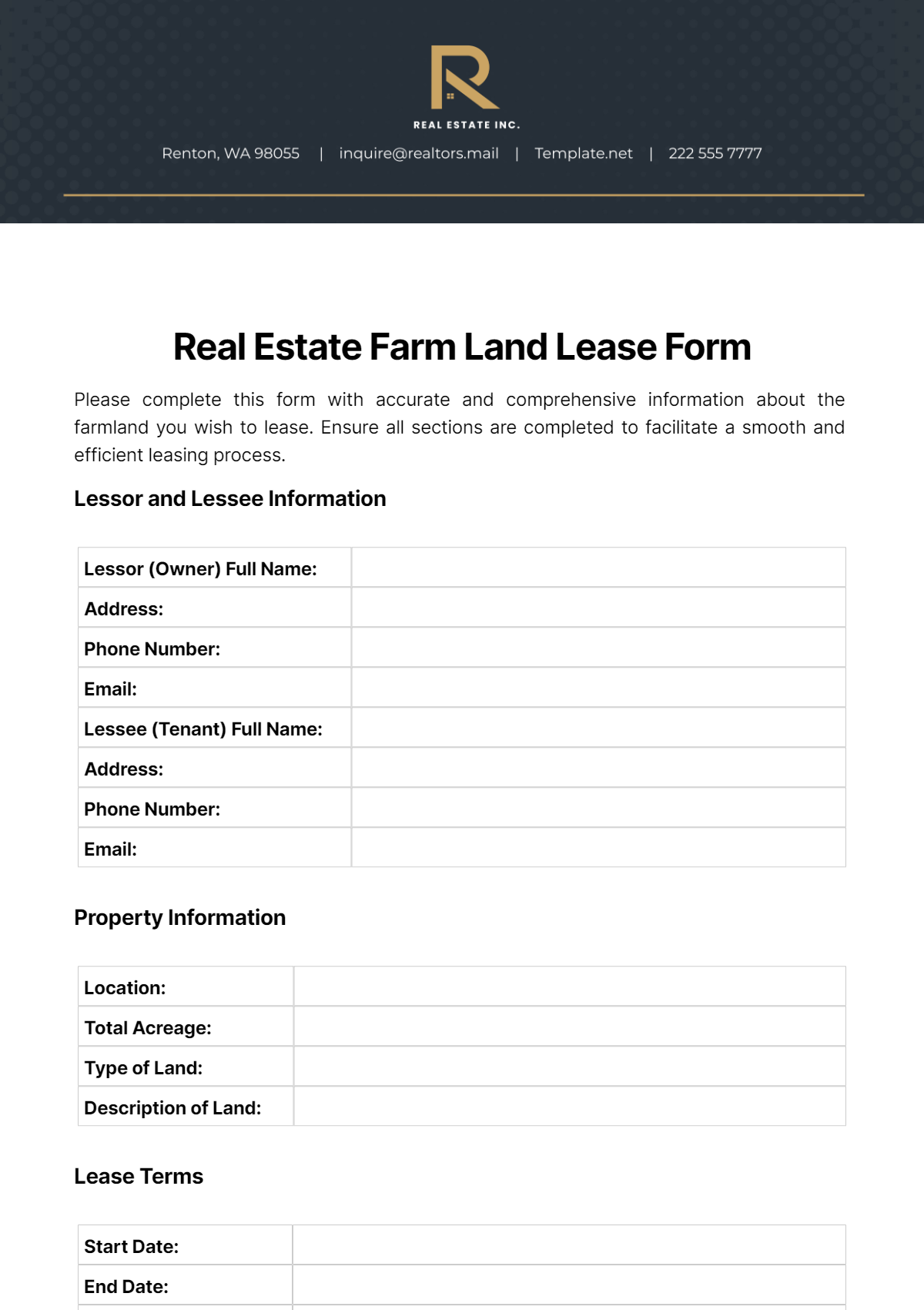 Real Estate Farm Land Lease Form Template