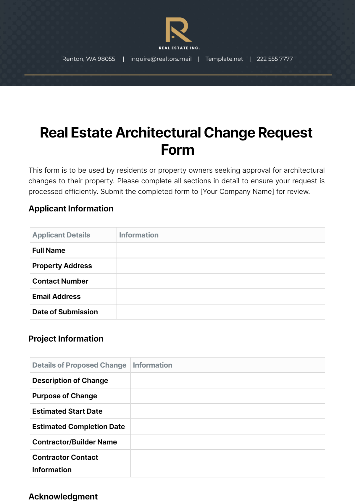 Real Estate Architectural Change Request Form Template