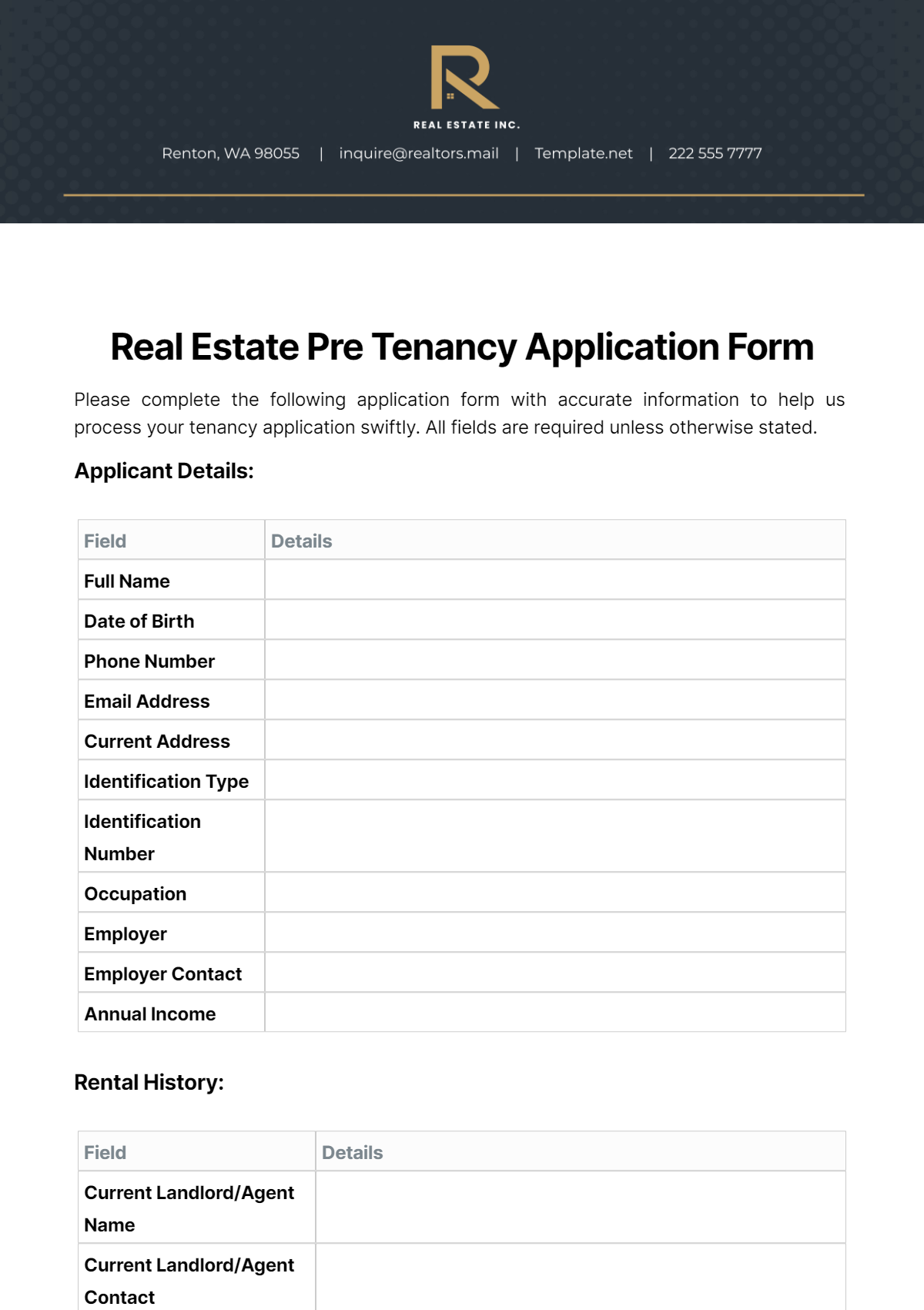Real Estate Pre Tenancy Application Form Template