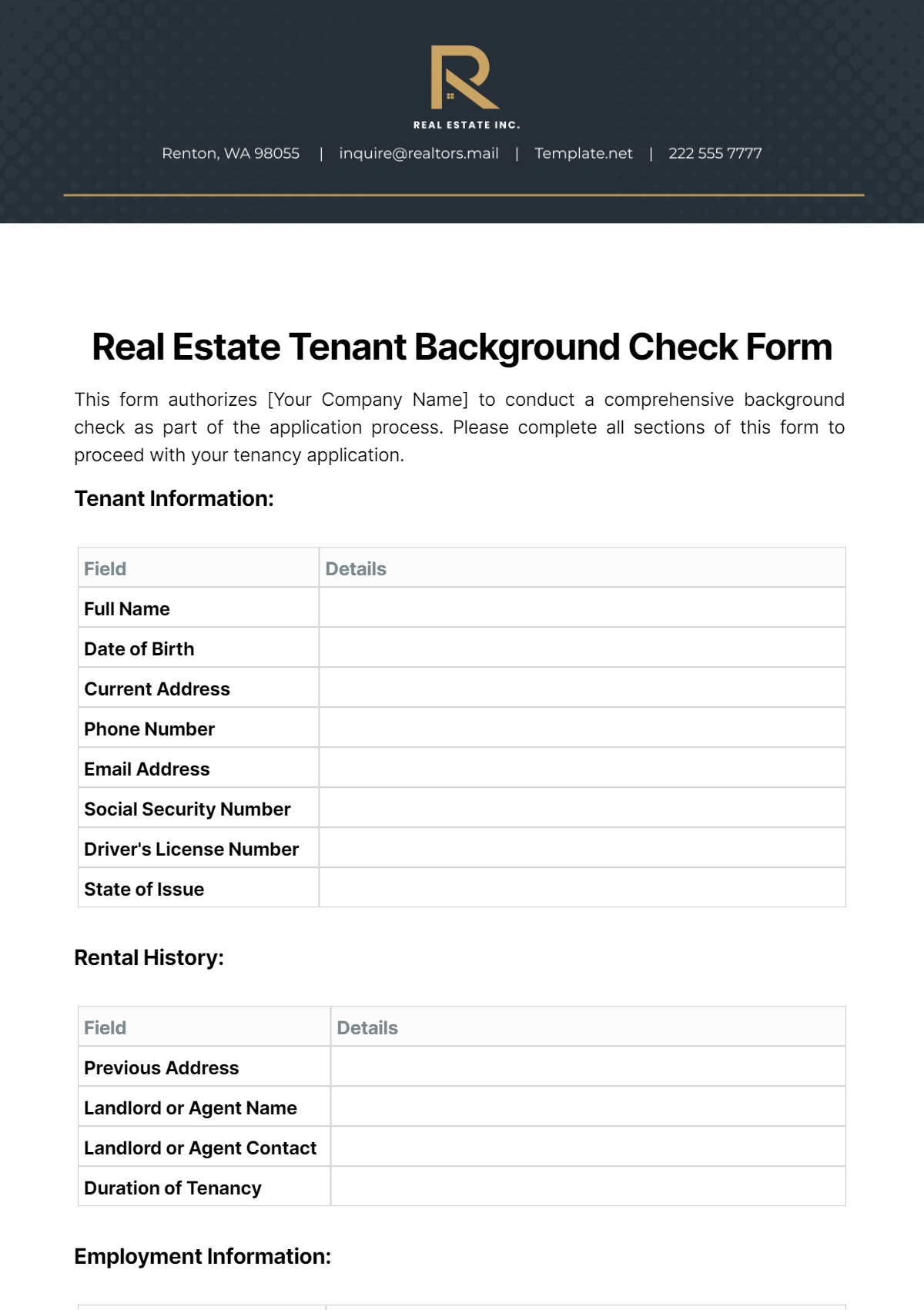 Free Real Estate Tenant Background Check Form Template