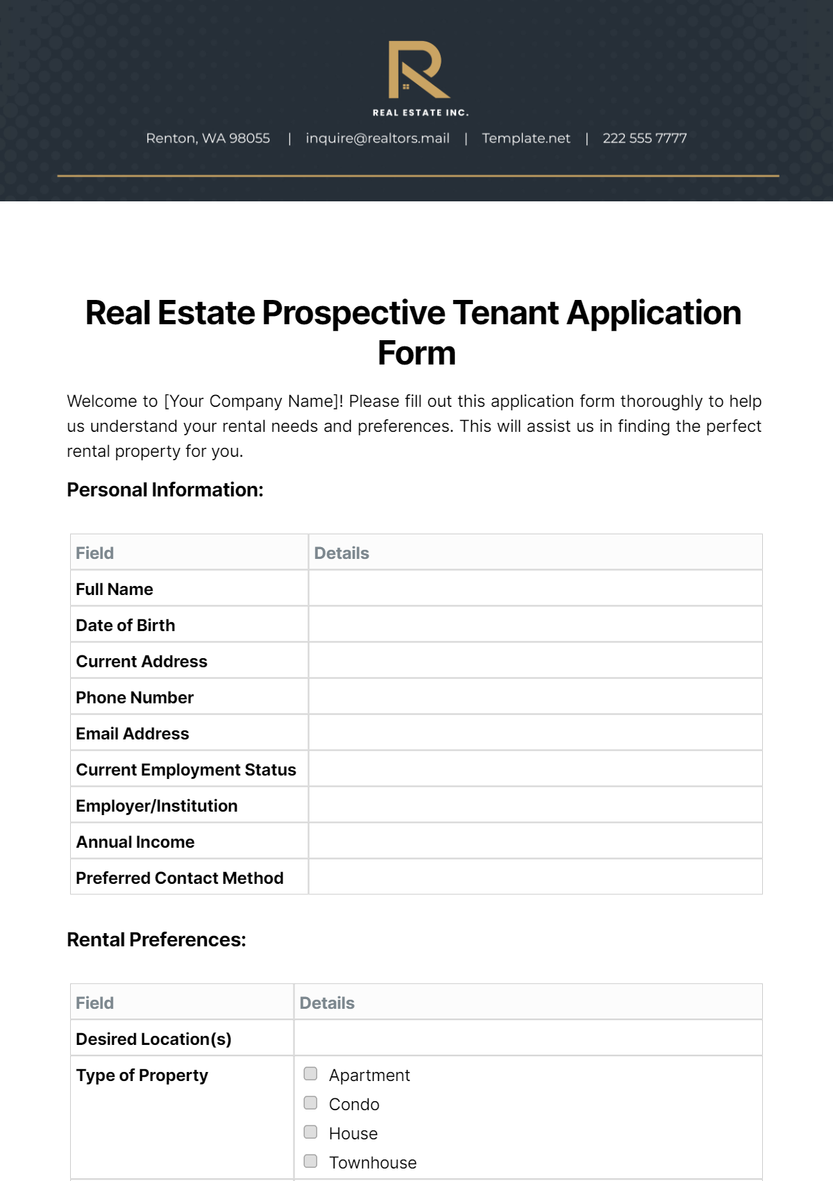 Real Estate Prospective Tenant Application Form Template
