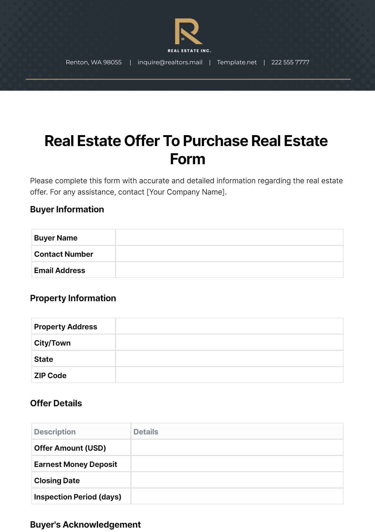Free Real Estate Offer To Purchase Real Estate Form Template