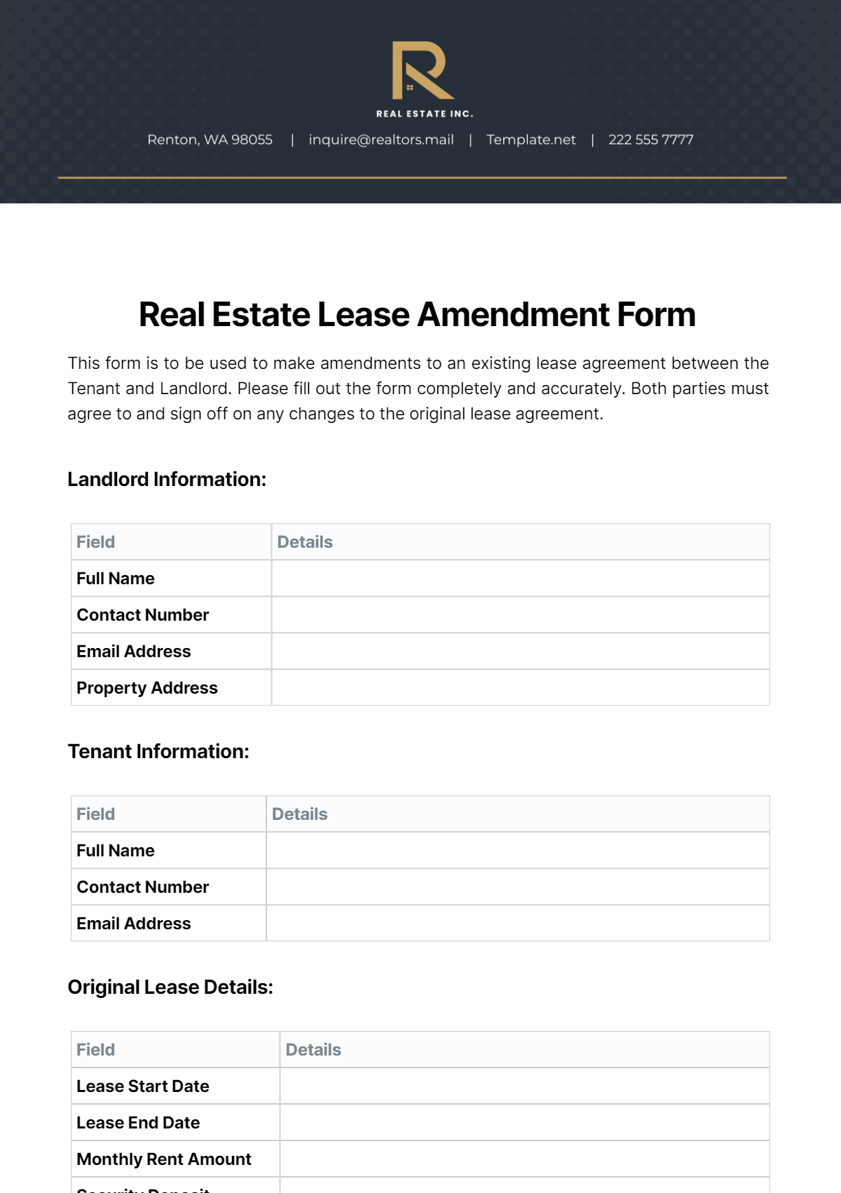 Real Estate Lease Amendment Form Template