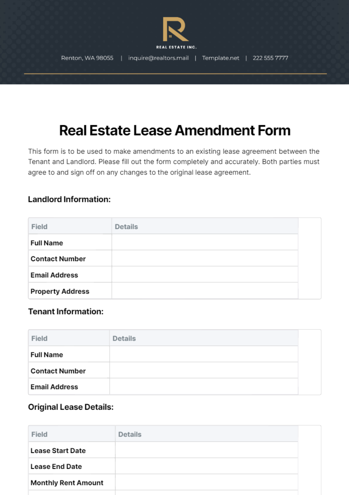 Real Estate Lease Amendment Form Template - Edit Online & Download