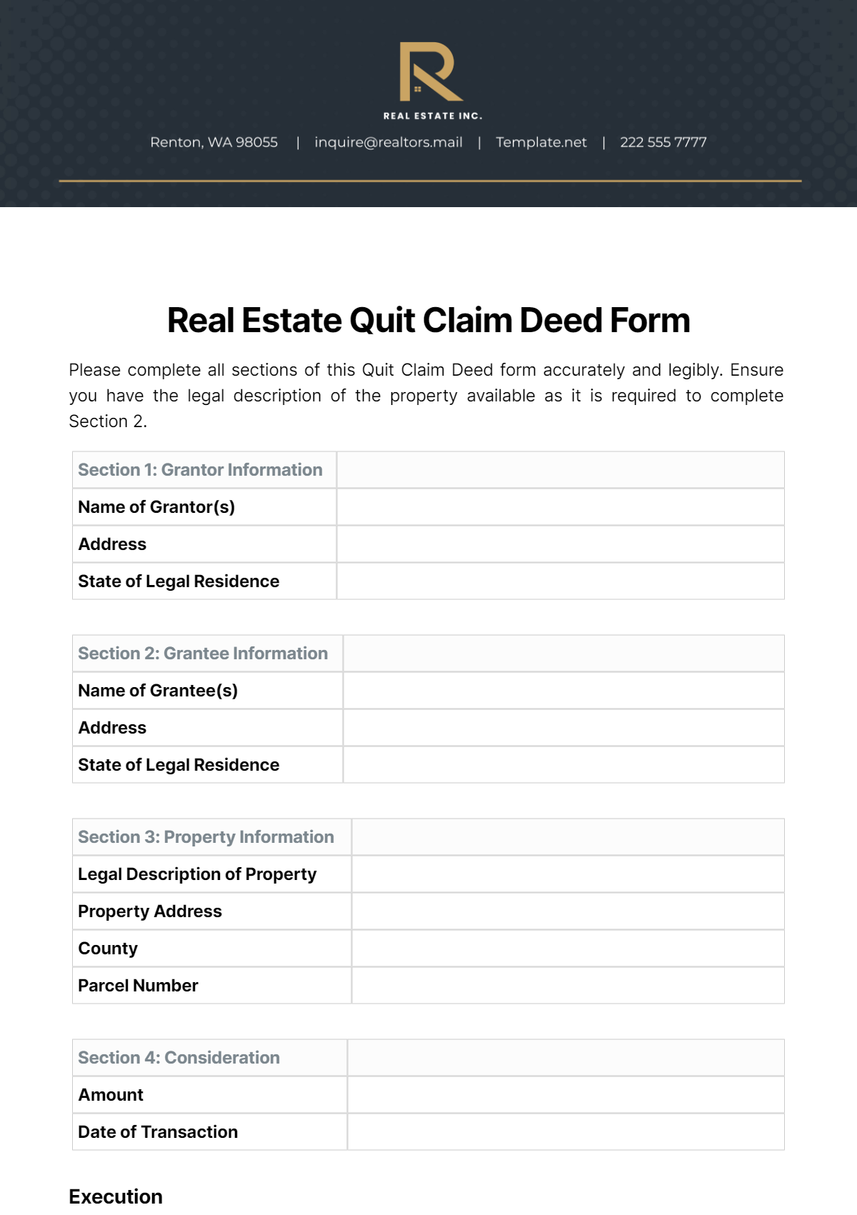 Real Estate Quit Claim Deed Form Template
