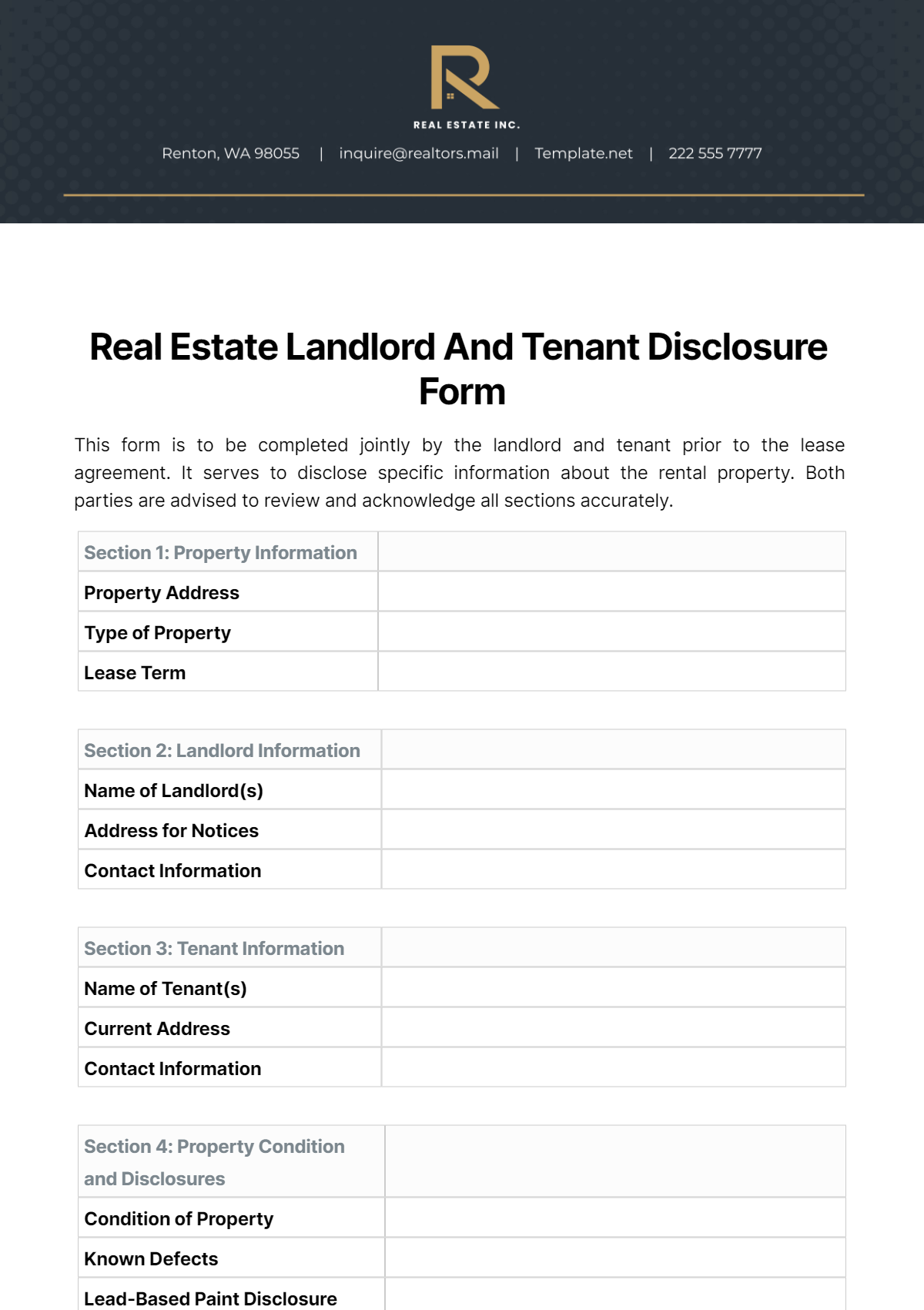 Free Real Estate Landlord And Tenant Disclosure Form Template
