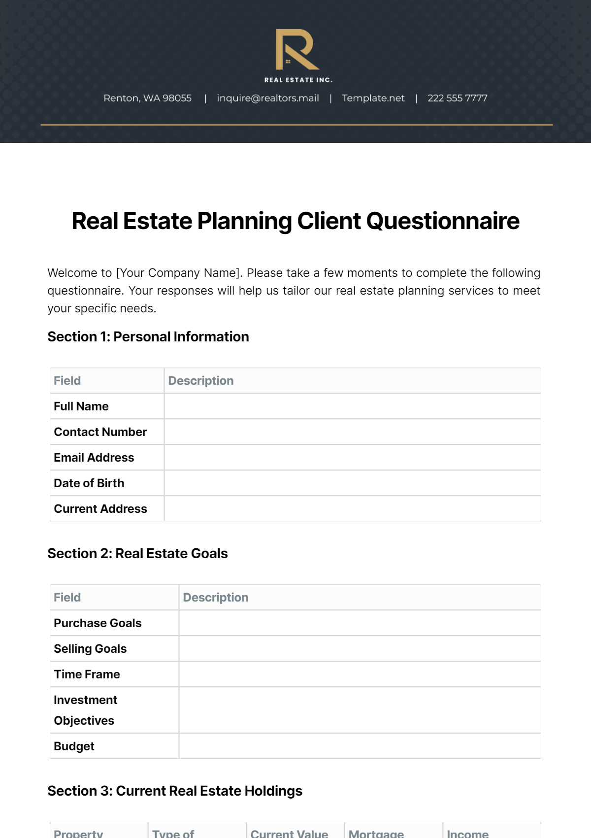 Free Real Estate Planning Client Questionnaire Template