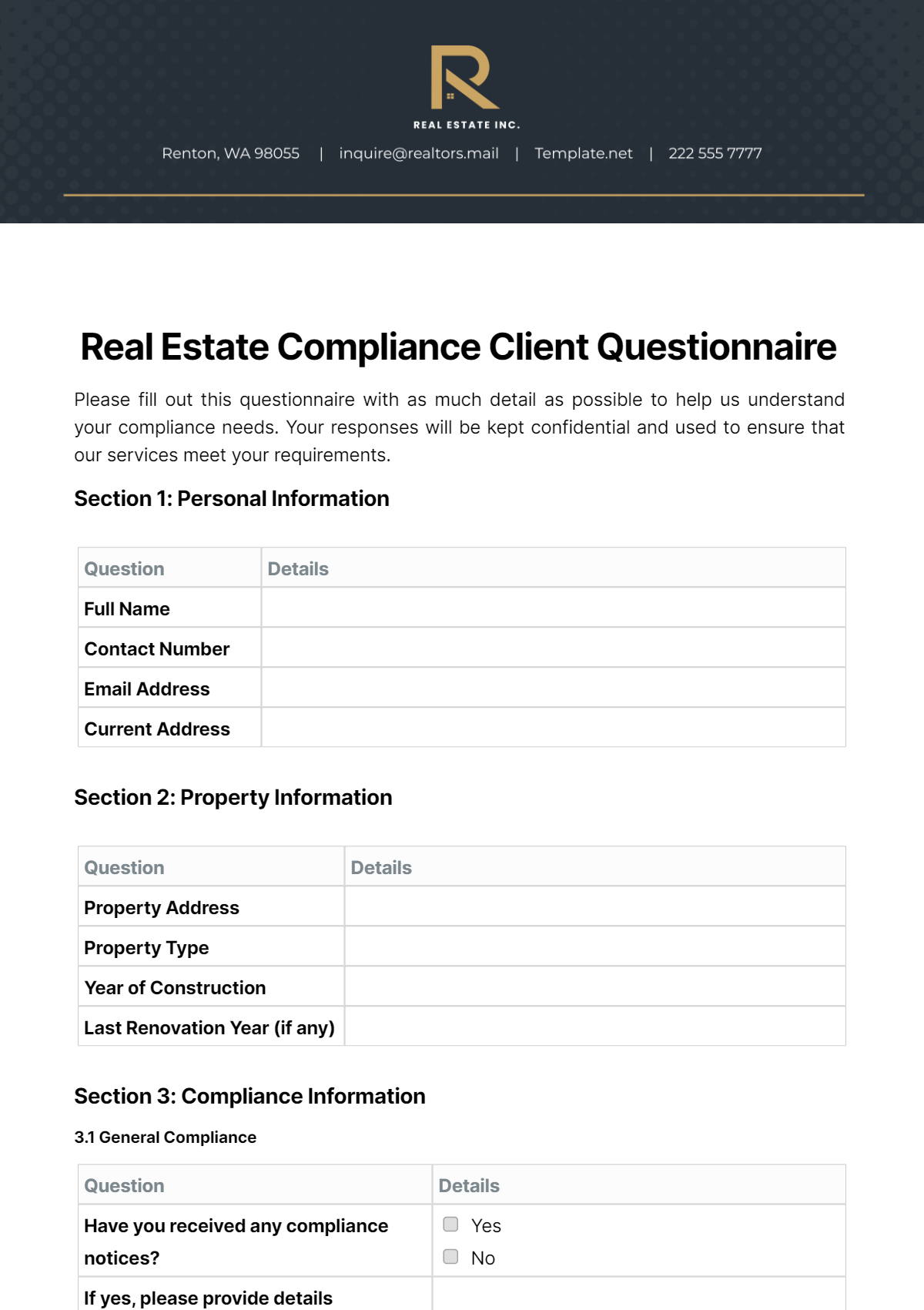 Free Real Estate Compliance Client Questionnaire Template  