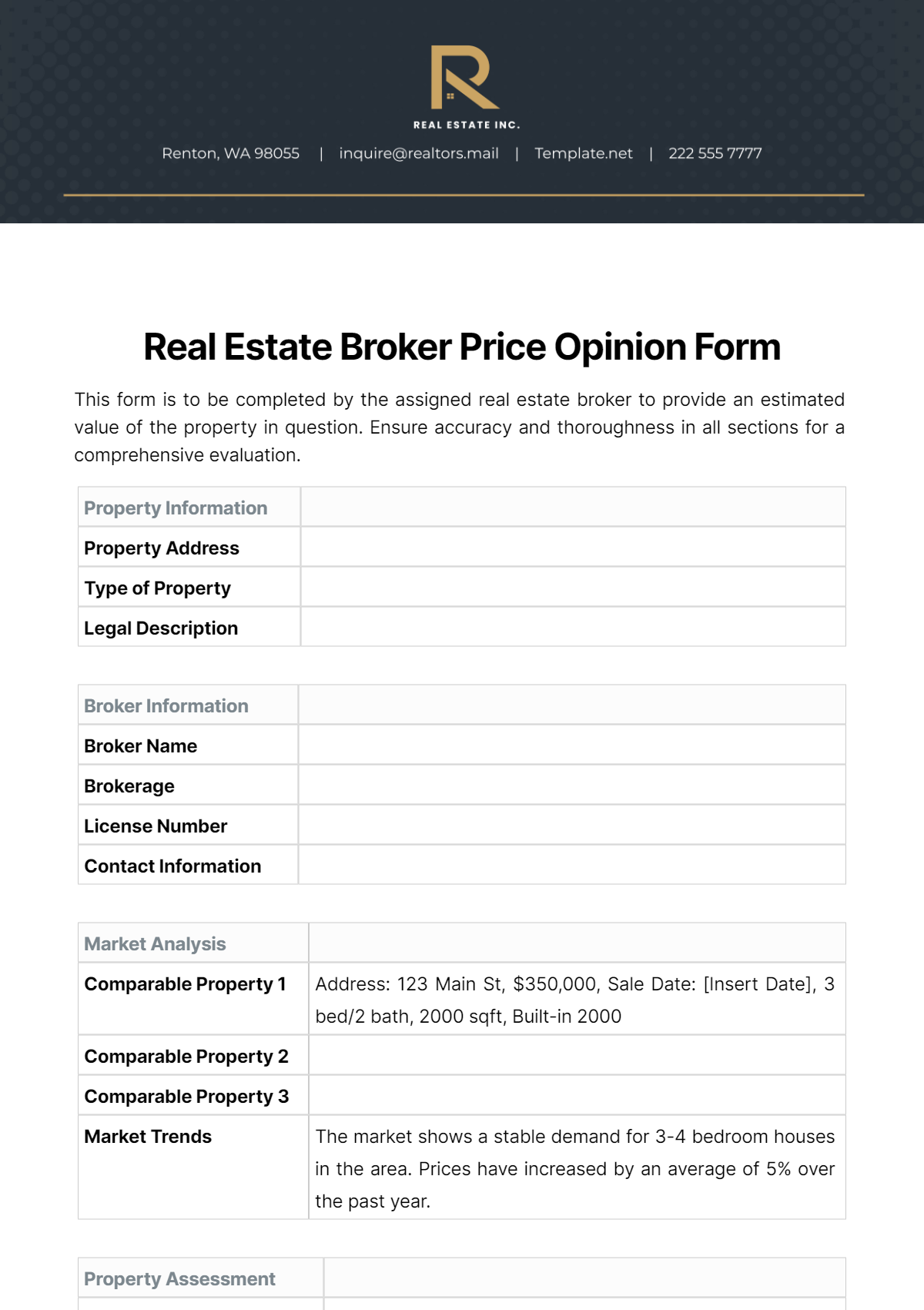 Free Real Estate Broker Price Opinion Form Template