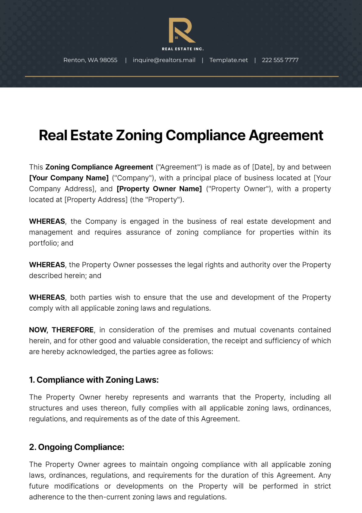 Real Estate Zoning Compliance Agreement Template