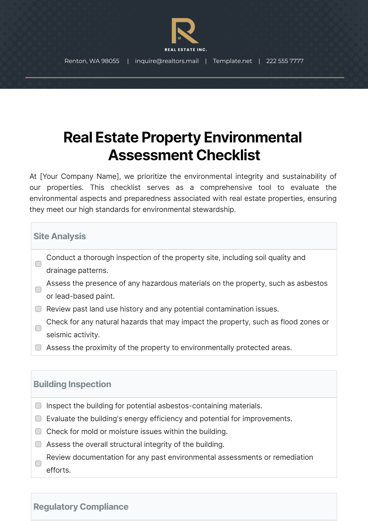 Real Estate Property Environmental Assessment Checklist Template