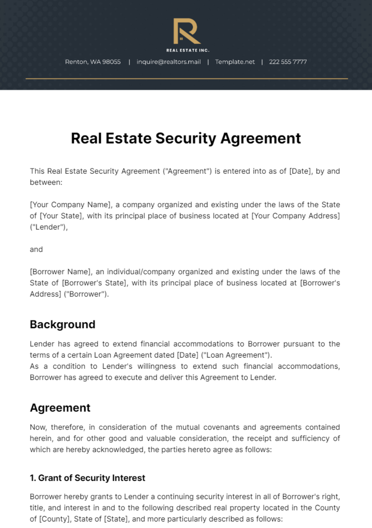 Free Real Estate Security Agreement Template