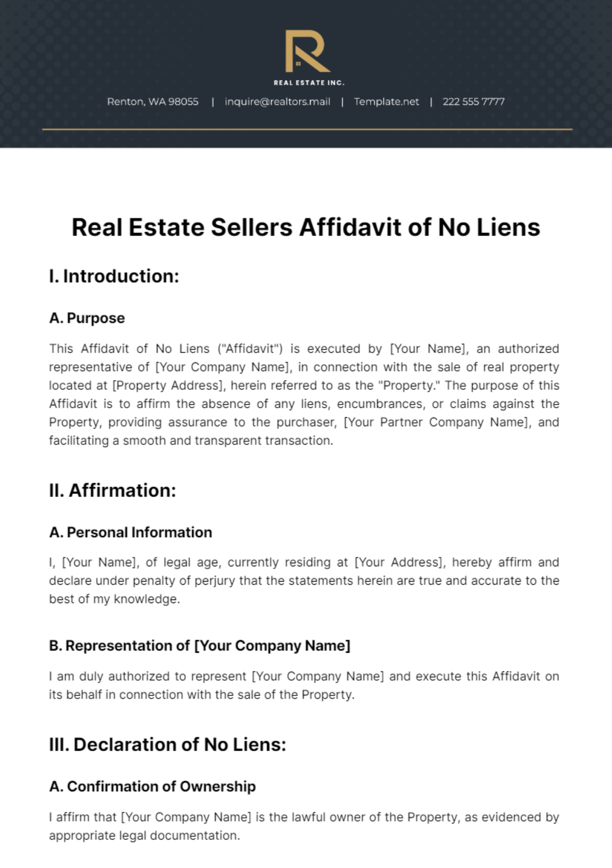 Real Estate Sellers Affidavit of No Liens Template