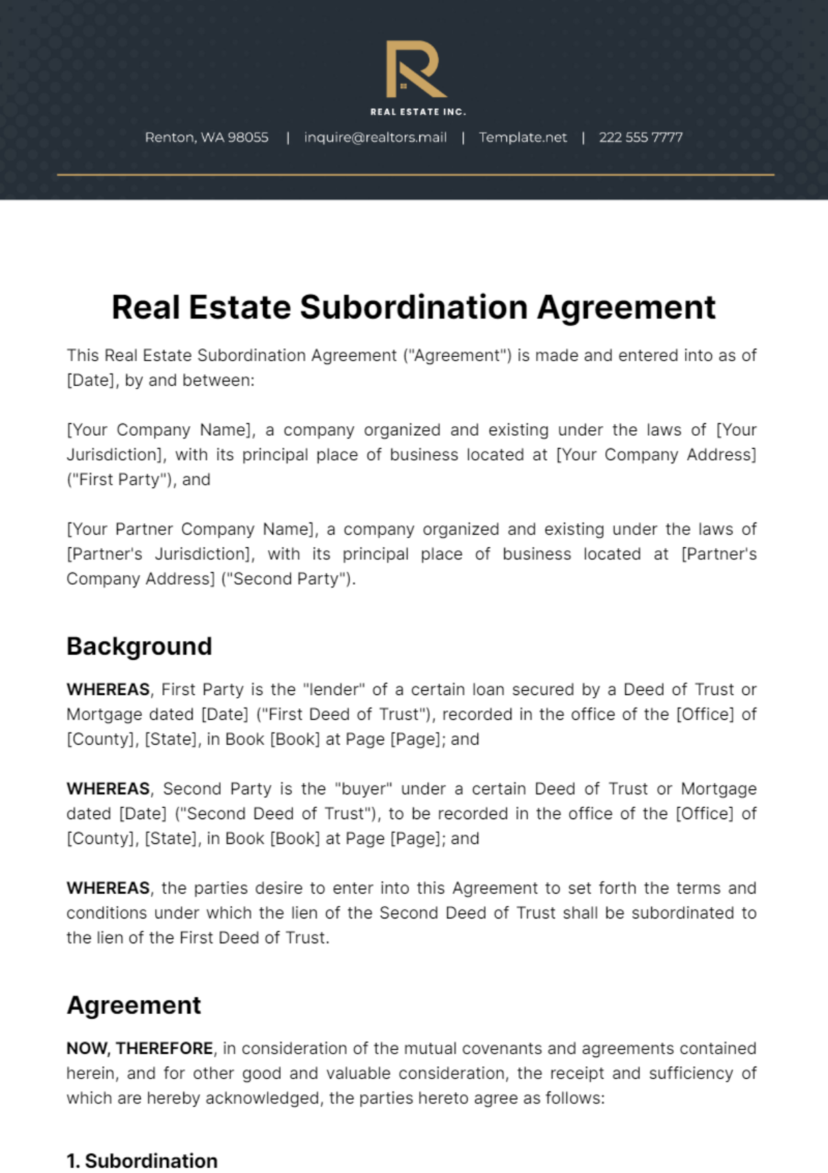 Real Estate Subordination Agreement Template