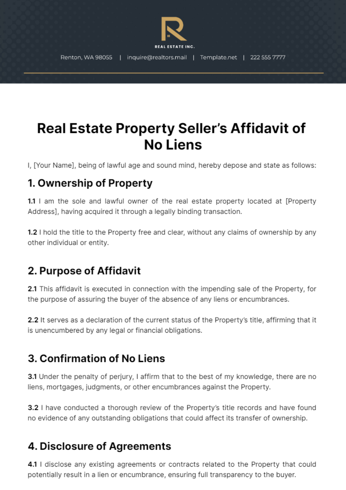 Real Estate Property Seller’s Affidavit of No Liens Template