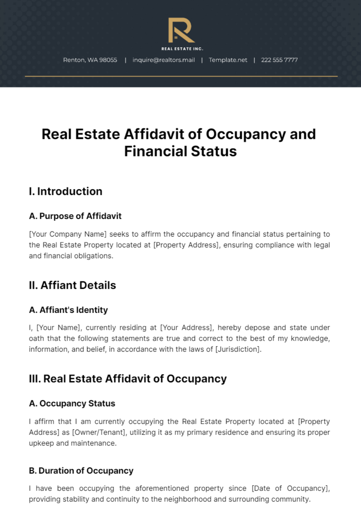 Real Estate Affidavit of Occupancy and Financial Status Template