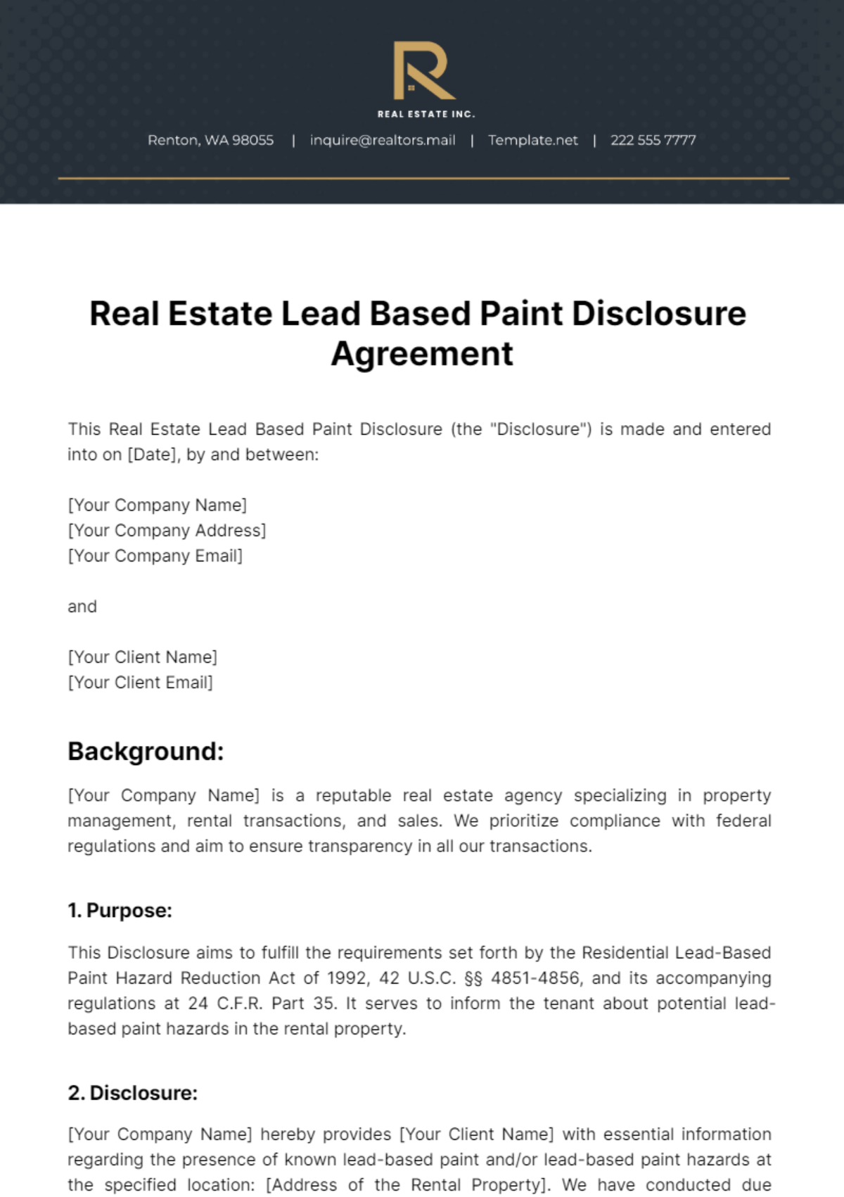 Real Estate Lead Based Paint Disclosure for Rental Transaction Template