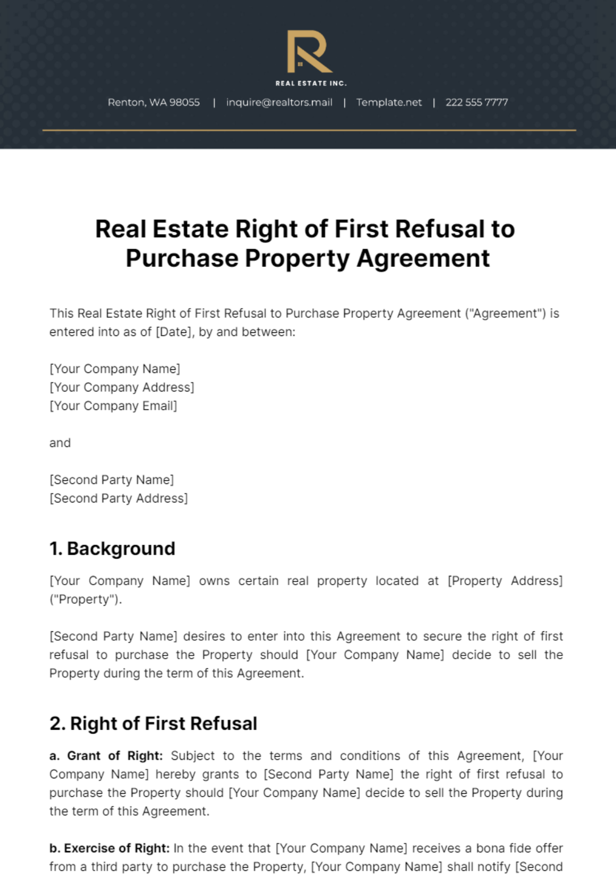 Real Estate Right of First Refusal to Purchase Property Agreement Template