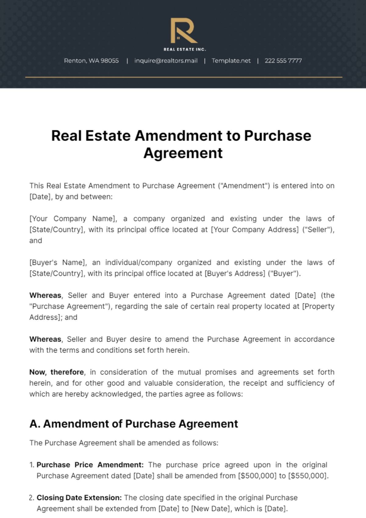 Real Estate Amendment to Purchase Agreement Template