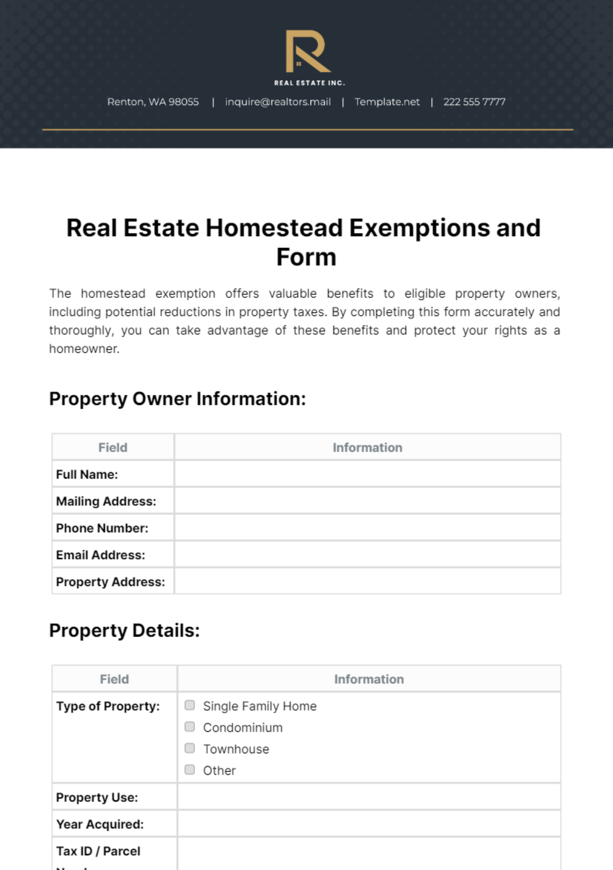 Free Real Estate Homestead Exemptions and Form Template