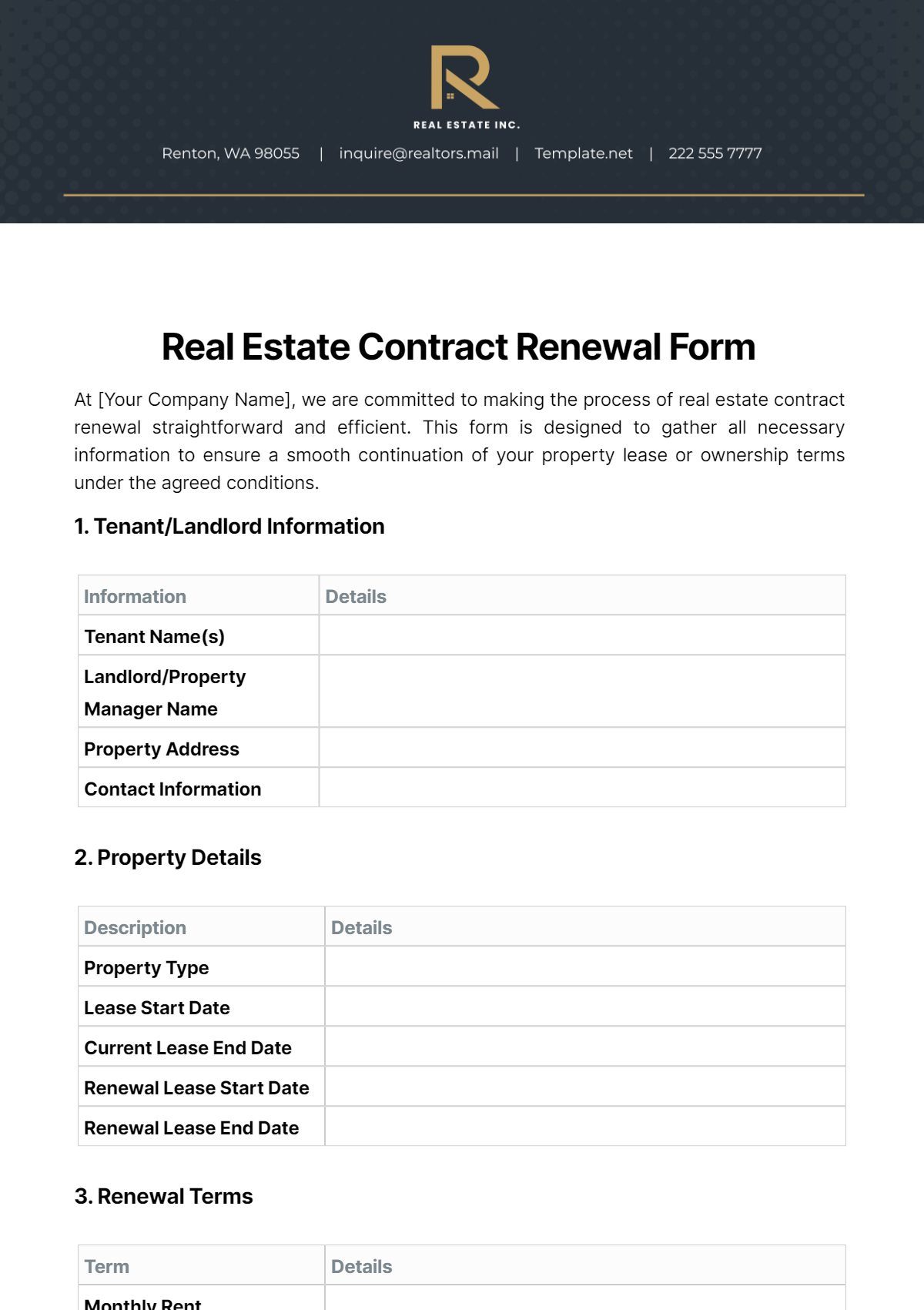 Free Real Estate Contract Renewal Form Template