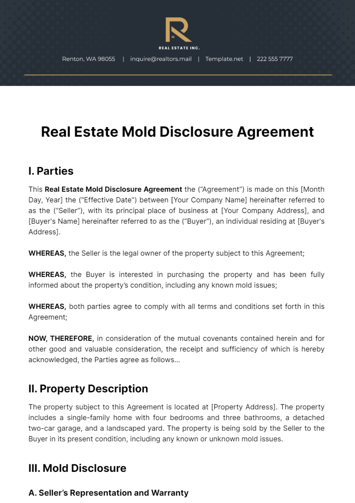 Real Estate Mold Disclosure Agreement Template