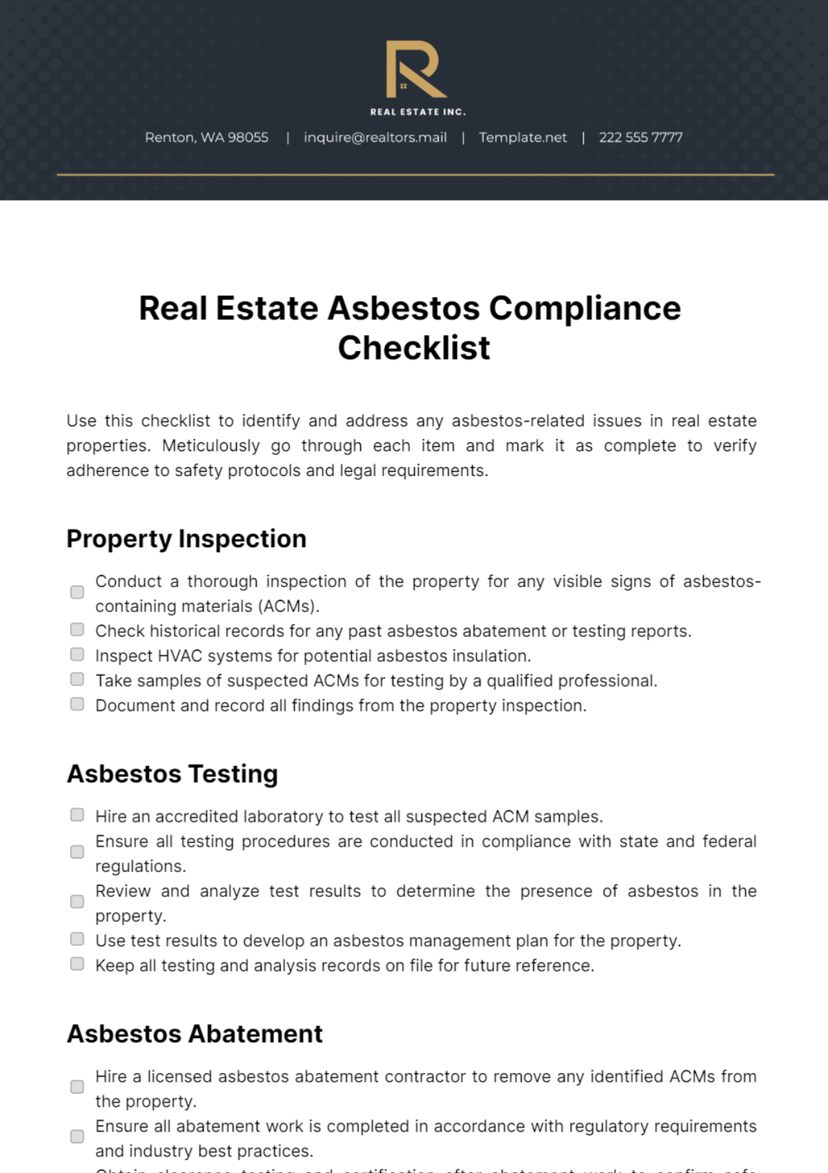 Real Estate Asbestos Compliance Checklist Template