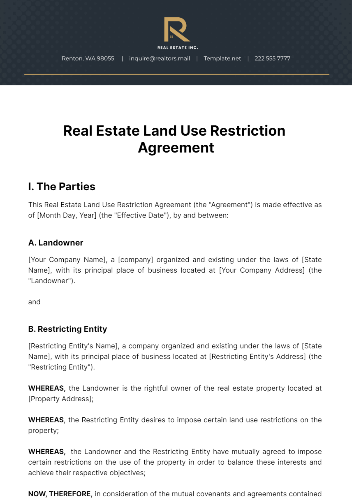 Real Estate Land Use Restriction Agreement Template