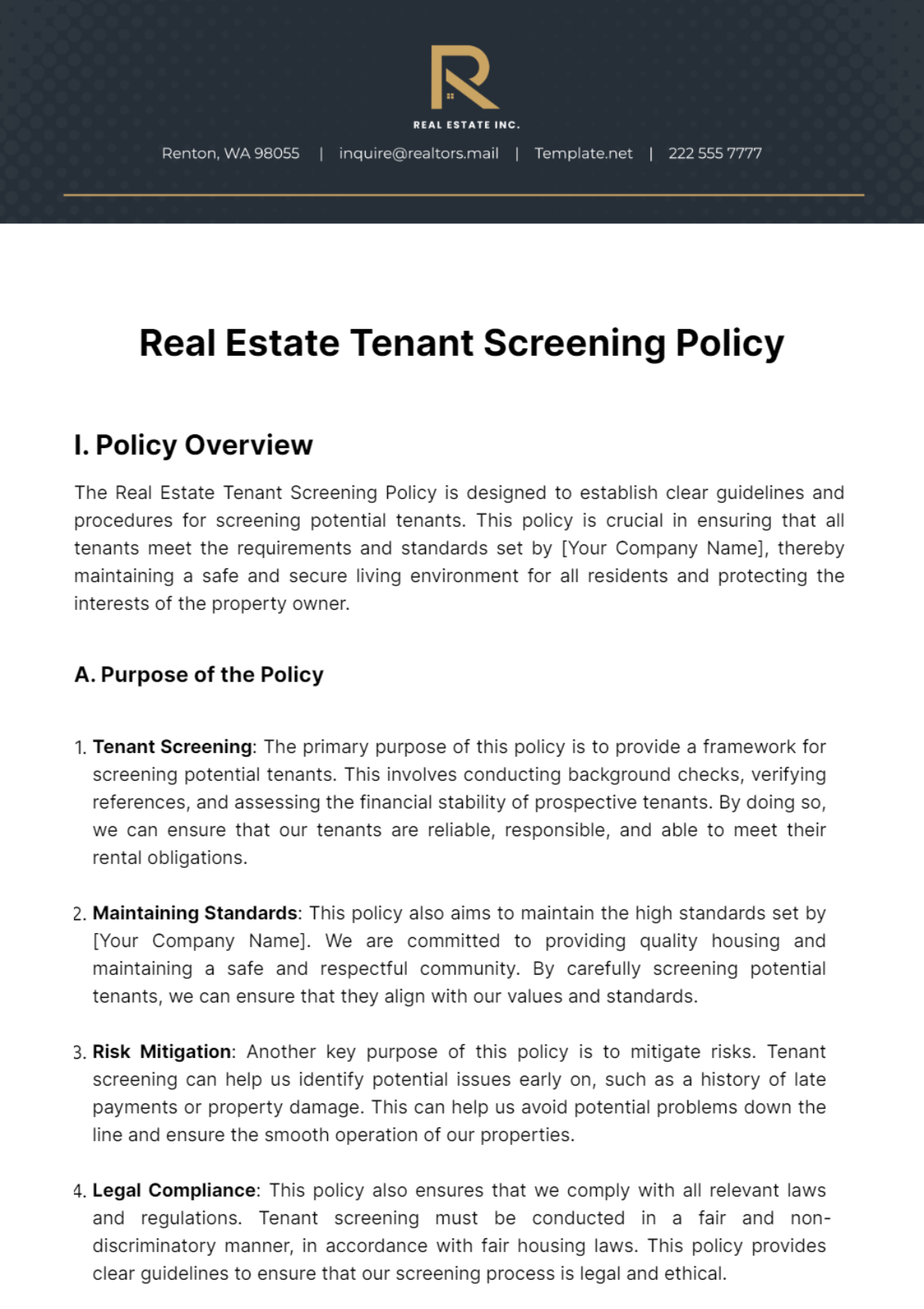 Real Estate Tenant Screening Policy Template