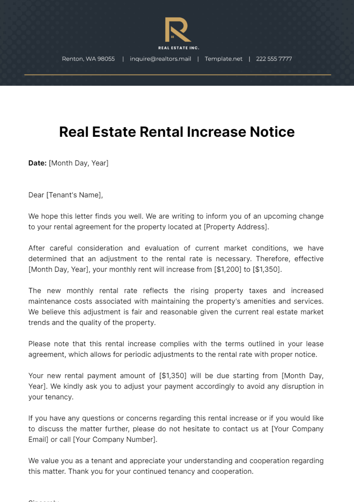 Real Estate Rental Increase Notice Template