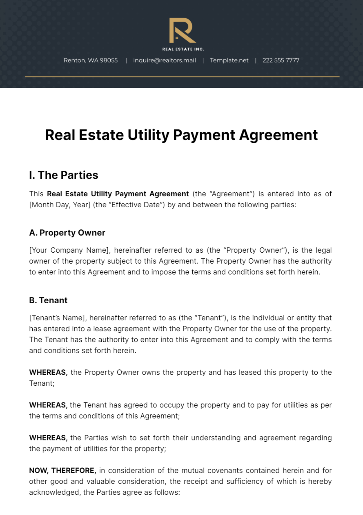 Free Real Estate Utility Payment Agreement Template