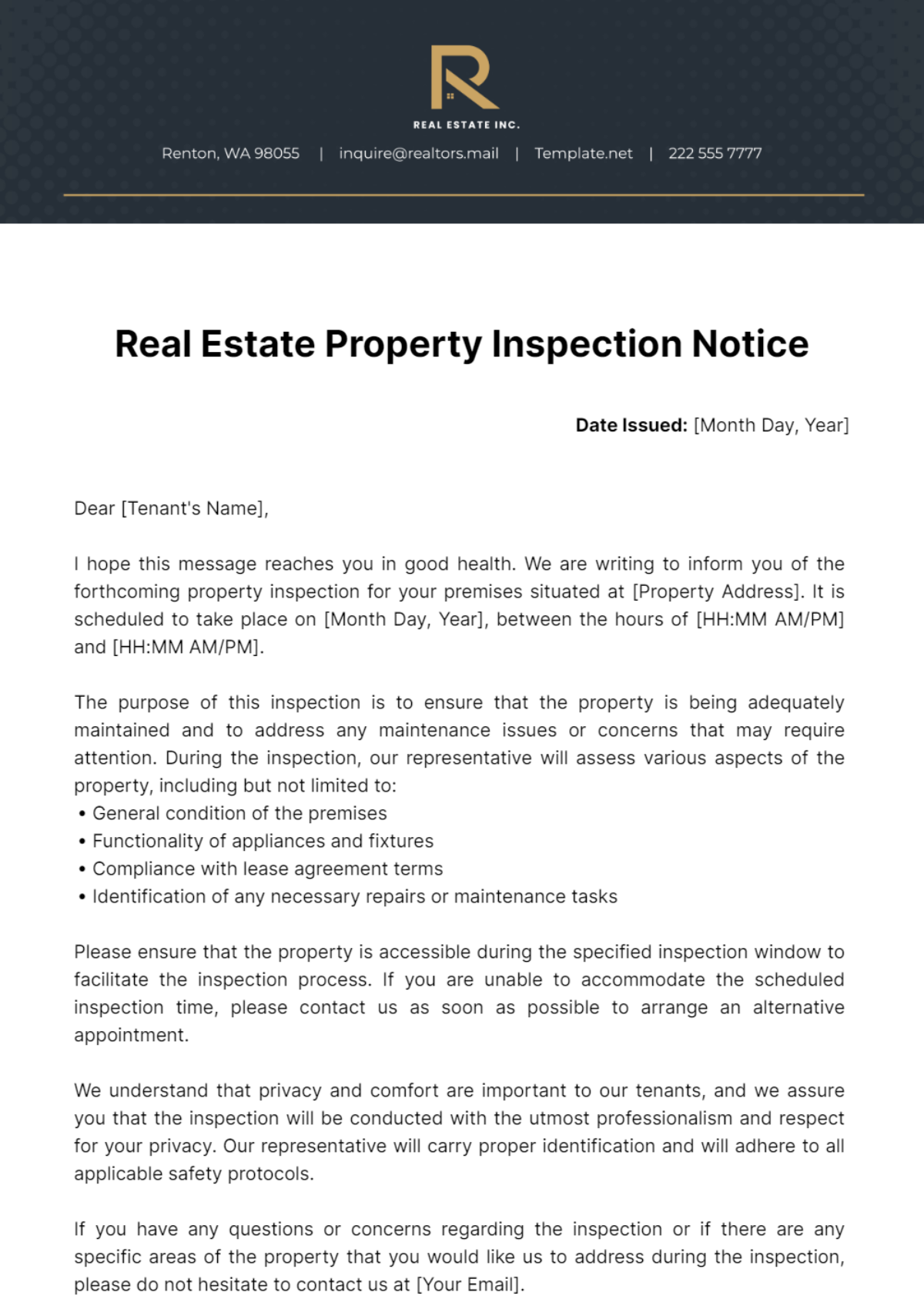 Real Estate Property Inspection Notice Template