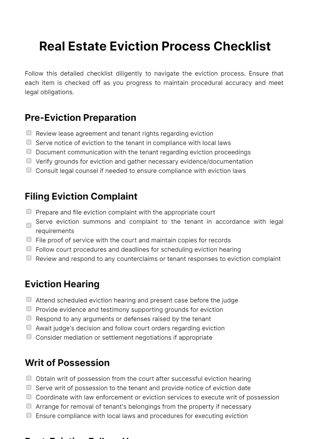 Free Real Estate Eviction Process Checklist Template