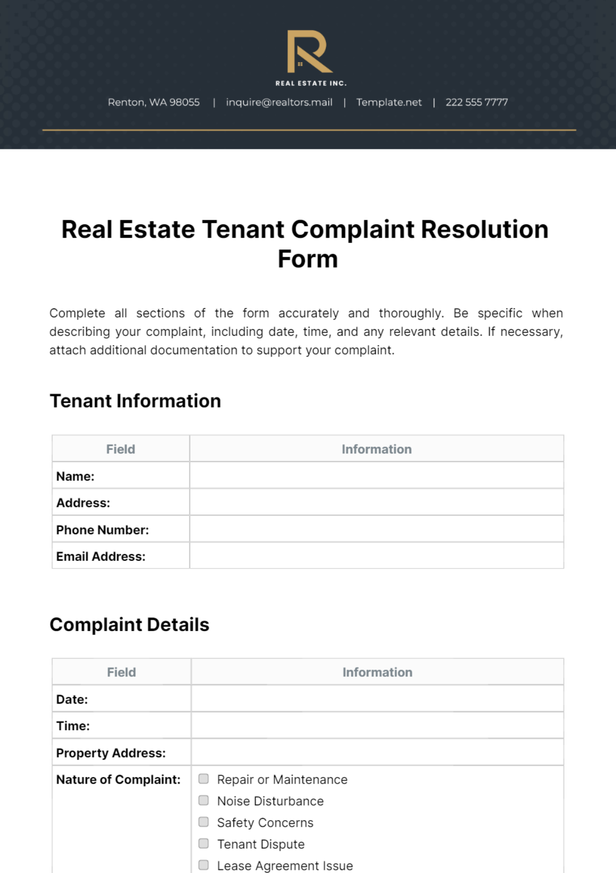 Free Real Estate Tenant Complaint Resolution Form Template