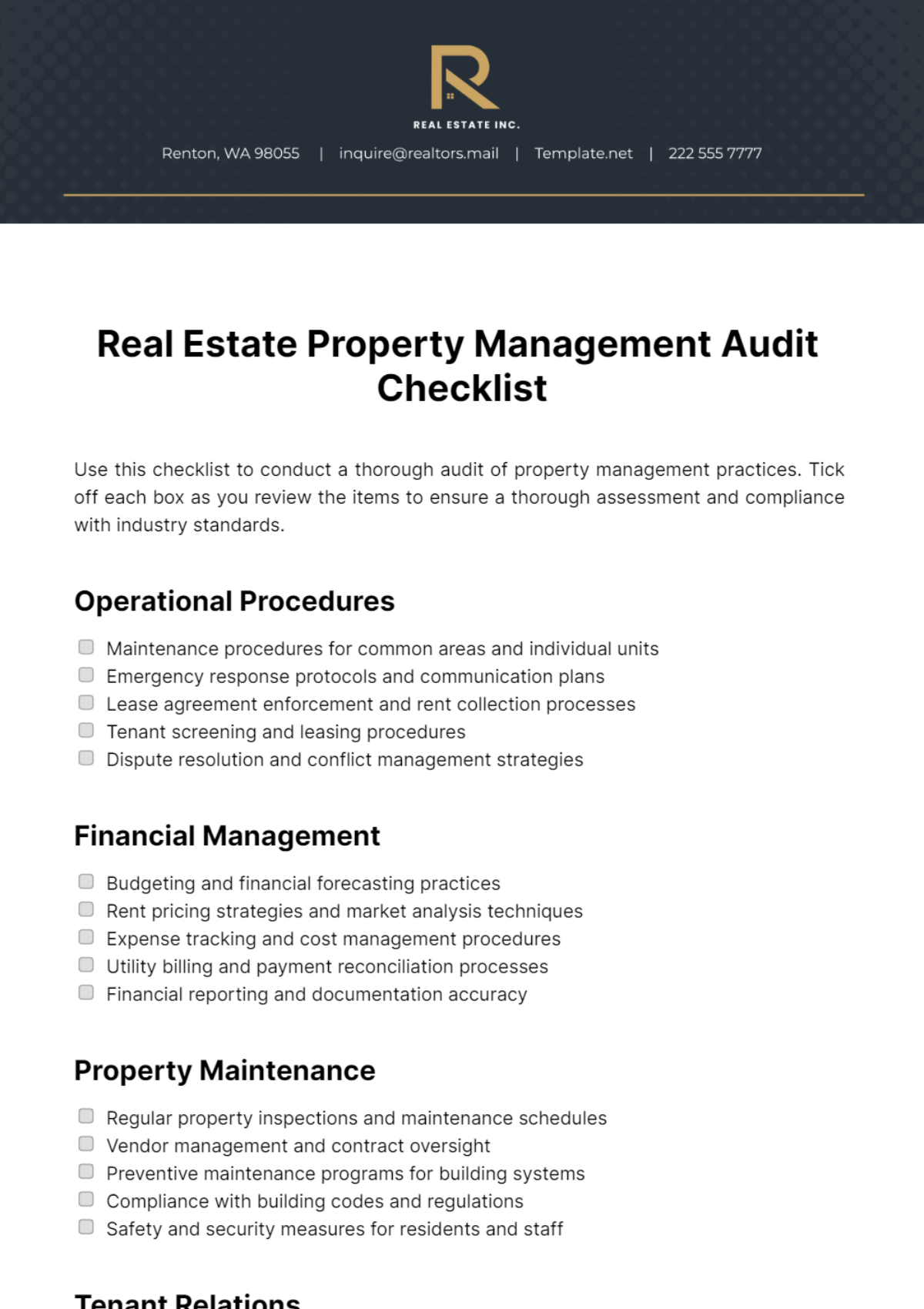 Real Estate Property Management Audit Checklist Template