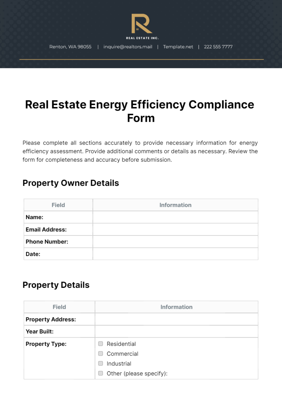 Free Real Estate Energy Efficiency Compliance Form Template